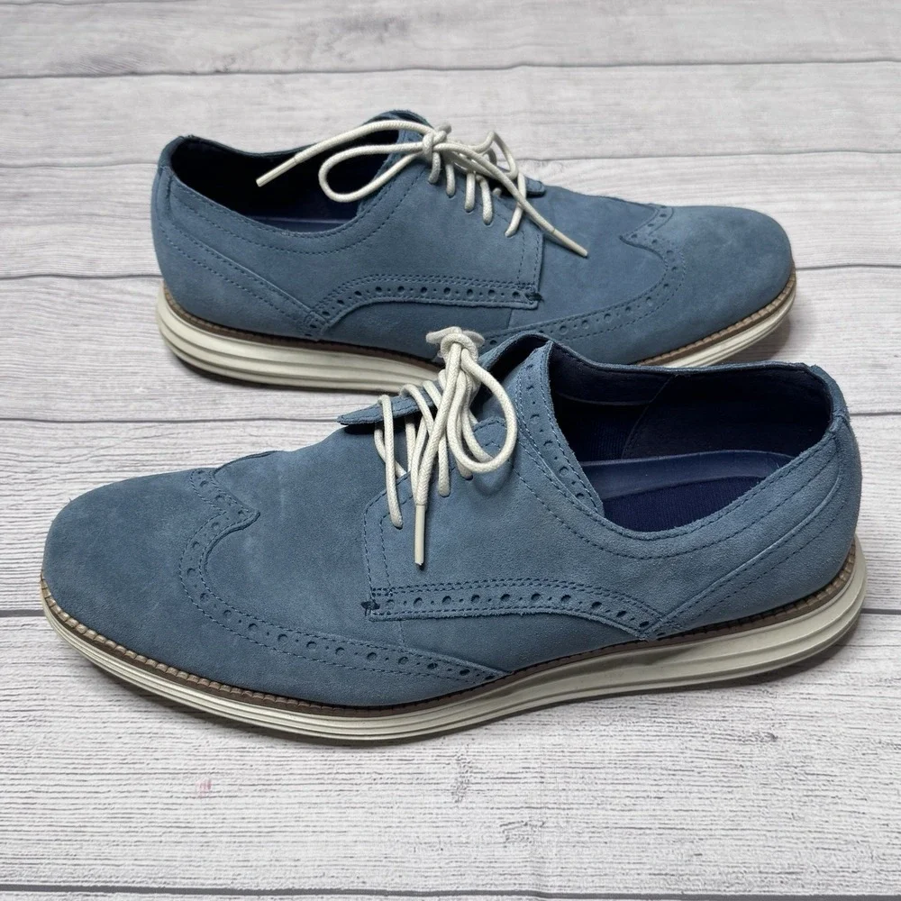 Cole Haan Lunargrand Blue Suede Wingtip Petrol  White Sole Size 11W